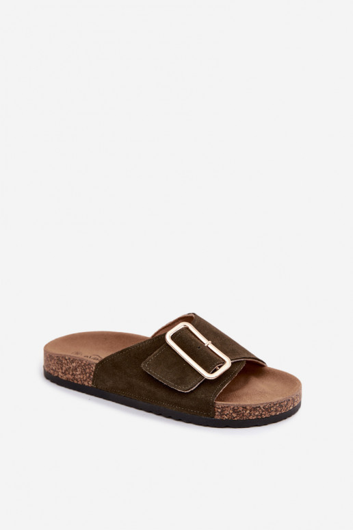 Chaussons pour femmes en faux daim avec boucles couleur kaki Beryl