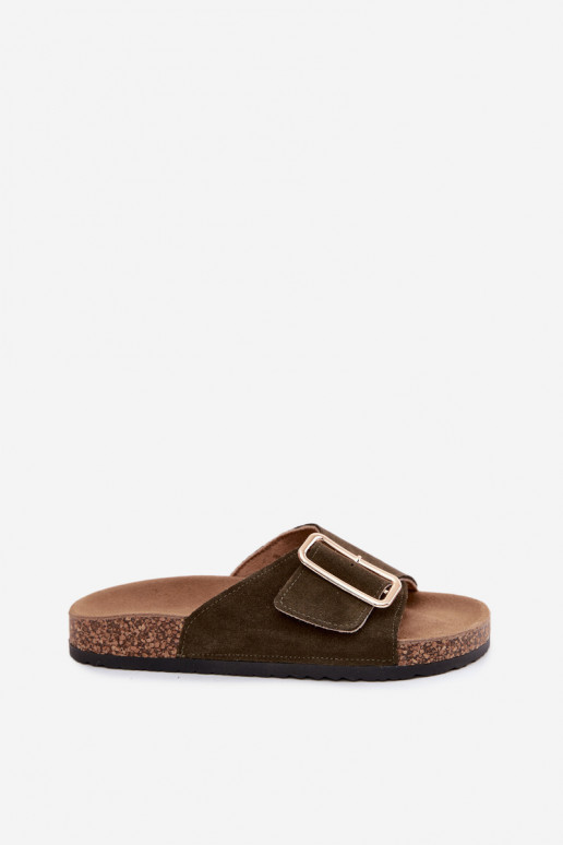 Chaussons pour femmes en faux daim avec boucles couleur kaki Beryl