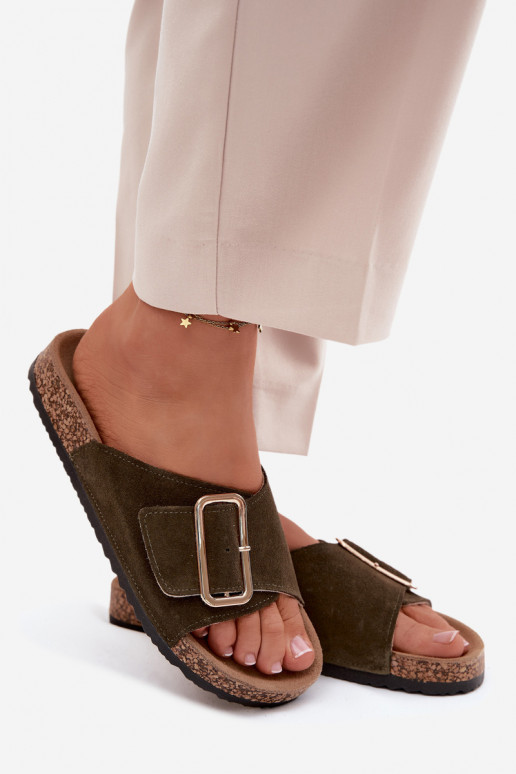 Peau Chaussons femme en daim avec boucles couleur kaki Beryl