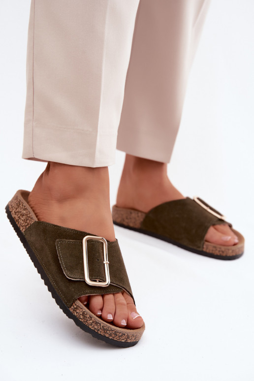 Peau Chaussons femme en daim avec boucles couleur kaki Beryl