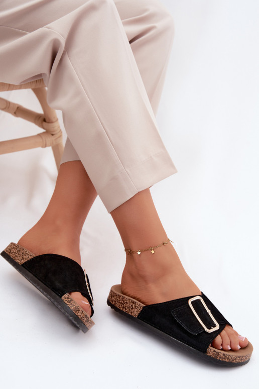 Peau Chaussons femme en daim avec boucles couleur noire Beryl