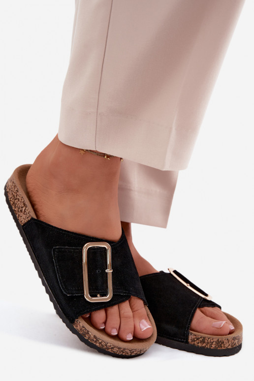 Chaussons pour femmes en faux daim avec boucles couleur noire Beryl