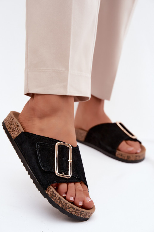 Chaussons pour femmes en faux daim avec boucles couleur noire Beryl