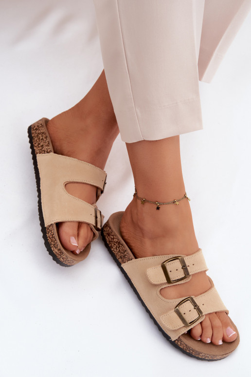 Chaussons en faux daim sur semelle en liège avec boucles couleur sable Tavira