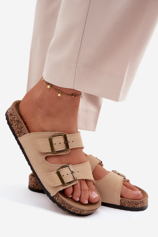 Chaussons en faux daim sur semelle en liège avec boucles couleur sable Tavira