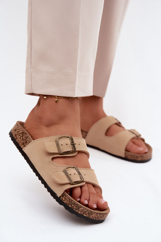 Chaussons en faux daim sur semelle en liège avec boucles couleur sable Tavira