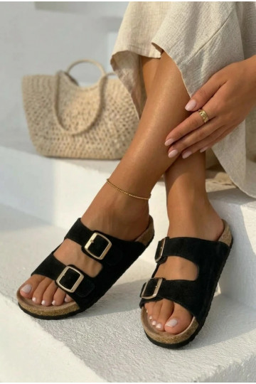 Chaussons en faux daim sur semelle en liège avec boucles couleur noire Tavira