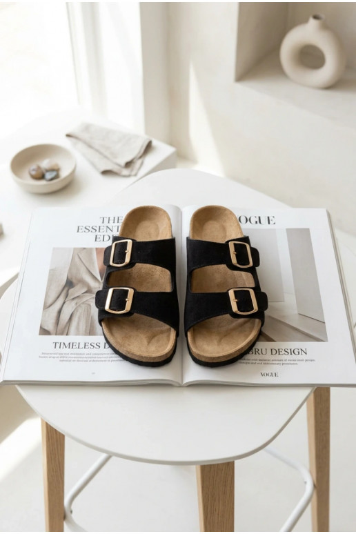 Pantoufles de Suèdes Sur une semelle en liège avec boucles couleur noire Tavira