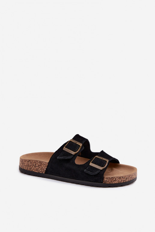 Chaussons en faux daim sur semelle en liège avec boucles couleur noire Tavira