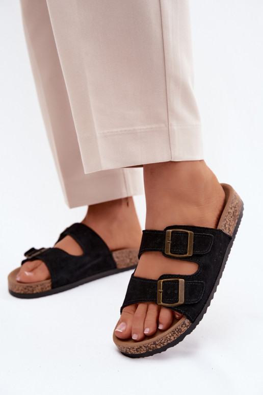 Chaussons en faux daim sur semelle en liège avec boucles couleur noire Tavira