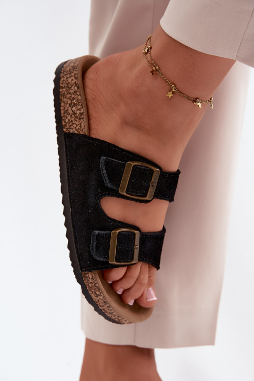 Pantoufles de Suèdes Sur une semelle en liège avec boucles couleur noire Tavira