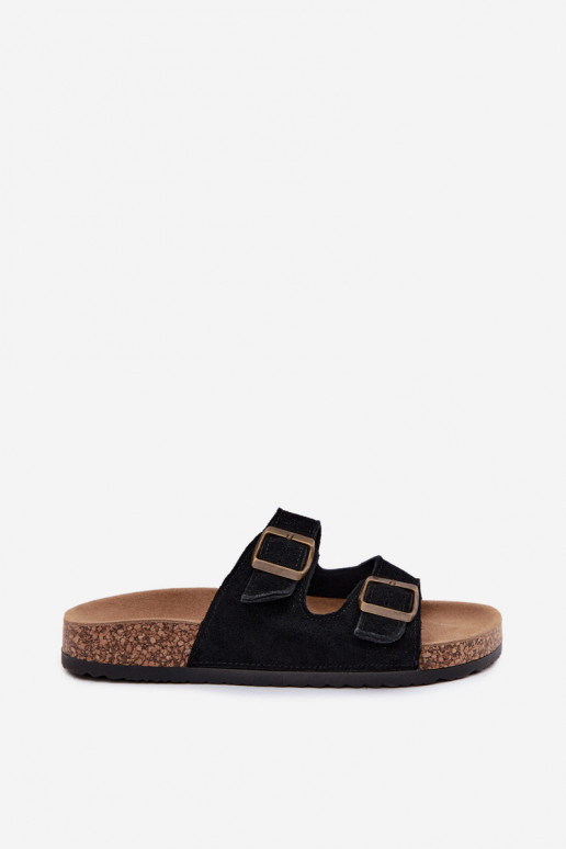 Chaussons en faux daim sur semelle en liège avec boucles couleur noire Tavira