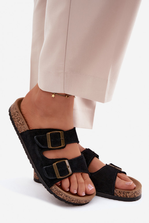 Chaussons en faux daim sur semelle en liège avec boucles couleur noire Tavira