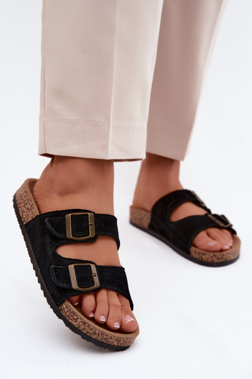 Chaussons en faux daim sur semelle en liège avec boucles couleur noire Tavira