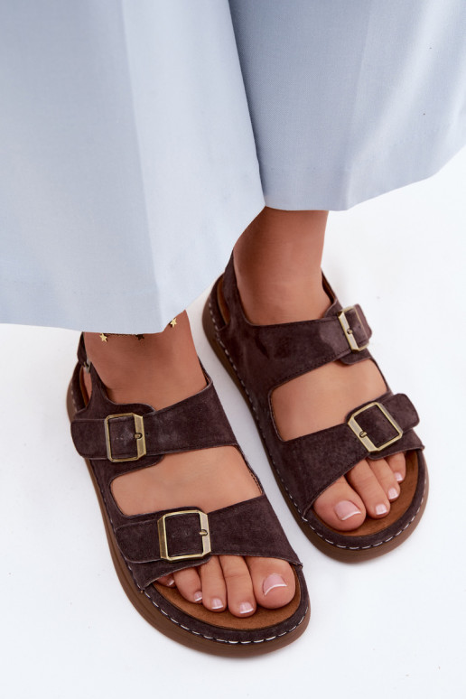 Sandales pour femmes en daim synthétique marron avec boucles Vinceza 79620