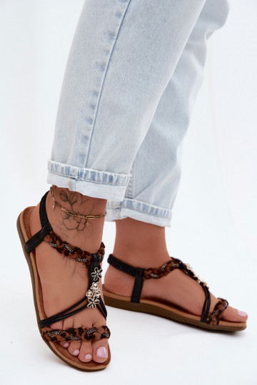 Sandales pour femmesPrzypinkami I Plecionymi Paskami couleur noire avec des motifs en fourrure de léopard Nusoreth