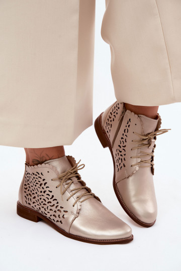 Bottines en cuir perforées dorées élégantes avec talons larges Zazoo 4078