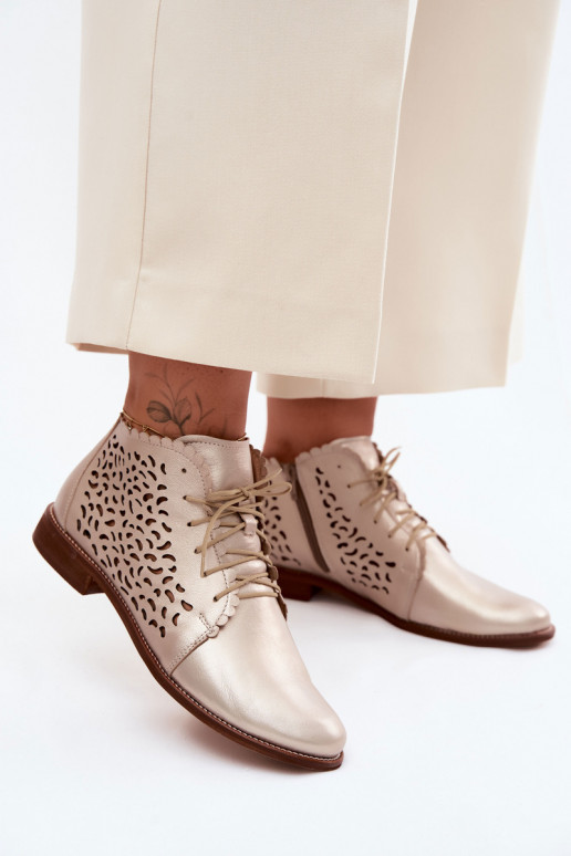 Bottines en cuir perforées dorées élégantes avec talons larges Zazoo 4078