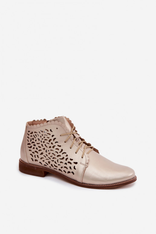 Bottines en cuir perforées dorées élégantes avec talons larges Zazoo 4078