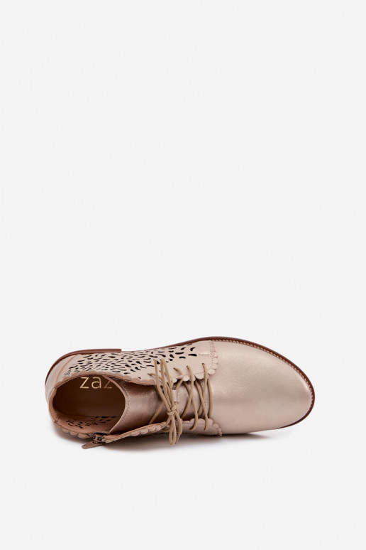 Bottines en cuir perforées dorées élégantes avec talons larges Zazoo 4078