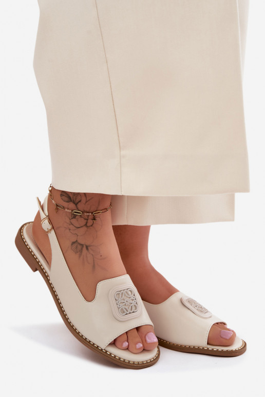 Sandales pour femmes avec des talons larges avec des ornements S.Barski KV61-6016 couleur crème