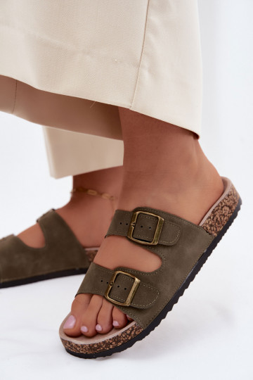 Pantoufles pour femmes avec boucles Sur une semelle en liège couleur kaki Harleen