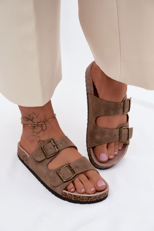 Pantoufles pour femmes avec boucles Sur une semelle en liège couleur kaki Harleen