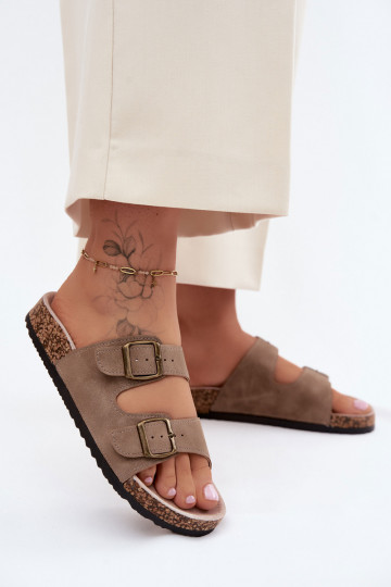 Pantoufles pour femmes avec boucles Sur une semelle en liège couleur kaki Harleen 2