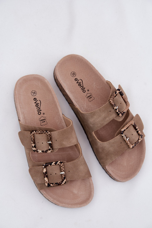 Pantoufles pour femmes Sur une semelle en liège avec boucles modèles de serpent beige Melia