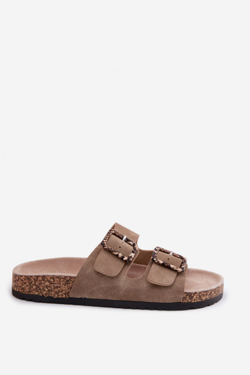 Pantoufles pour femmes Sur une semelle en liège avec boucles modèles de serpent beige Melia