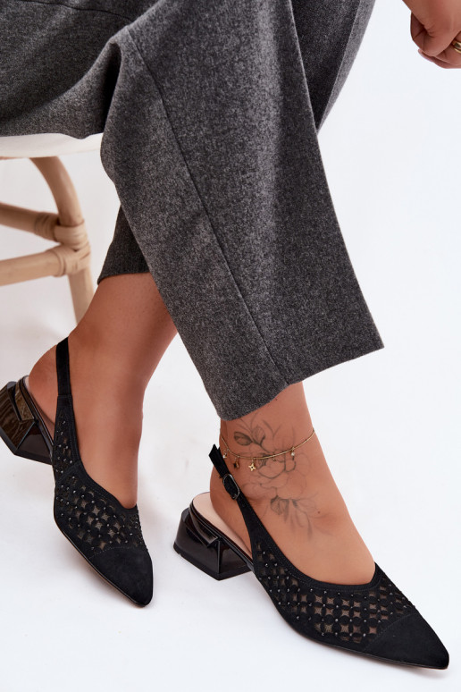 Peau Sandales femme en daim avec des éléments ajourés avec maille Klocke D&A CR61-3004 couleur noire