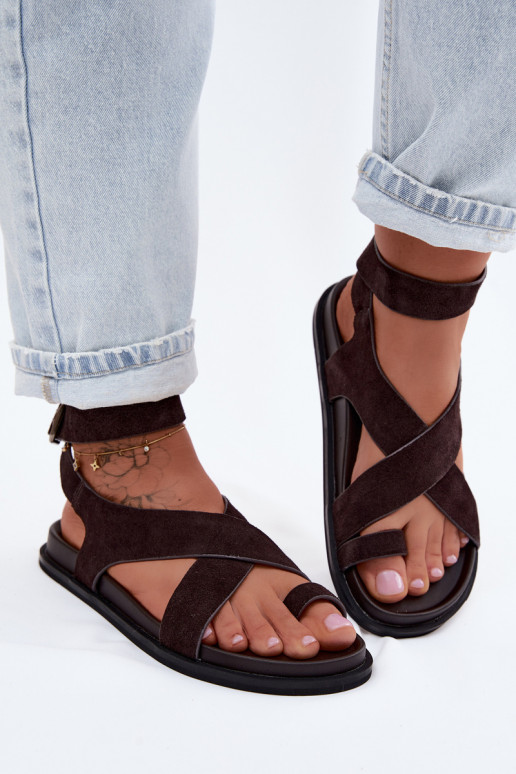 Sandales plates en daim naturel D&A CR61-3049 chocolat