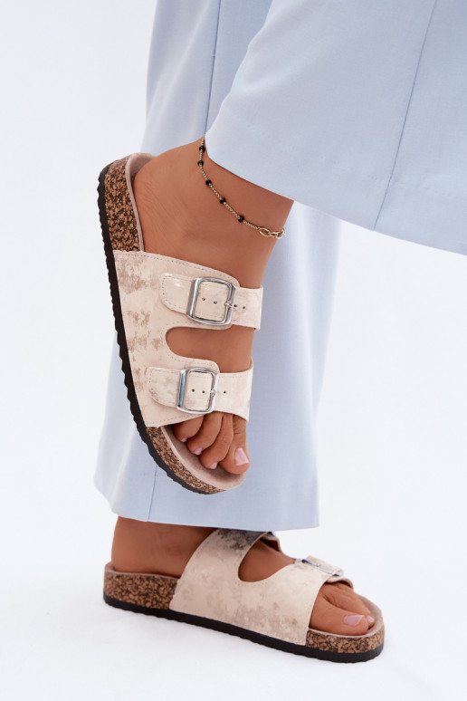 Chaussons pour femmes sur liège avec boucles couleur sable et or Vivio