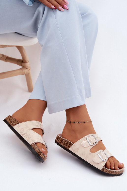 Chaussons pour femmes sur liège avec boucles couleur sable et or Vivio