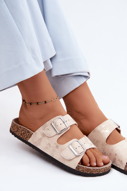 Chaussons pour femmes sur liège avec boucles couleur sable et or Vivio