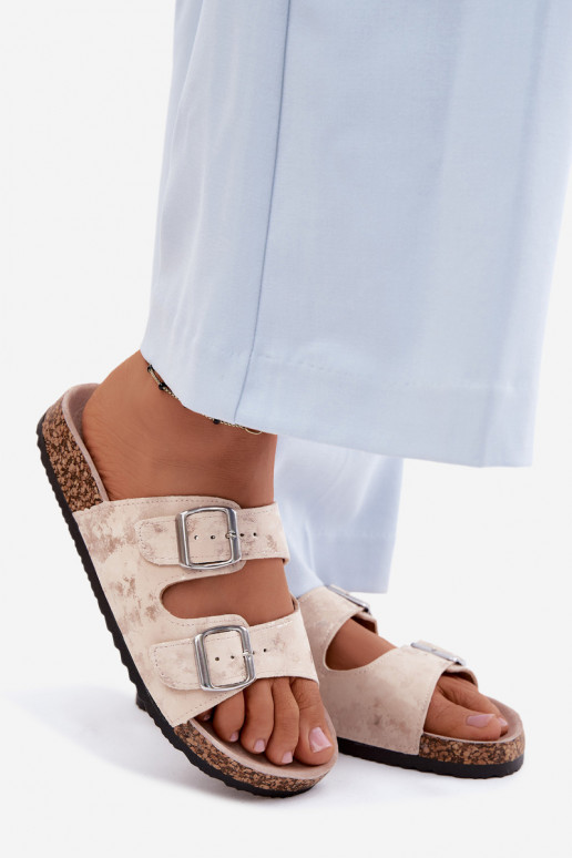 Chaussons pour femmes sur liège avec boucles couleur sable et or Vivio
