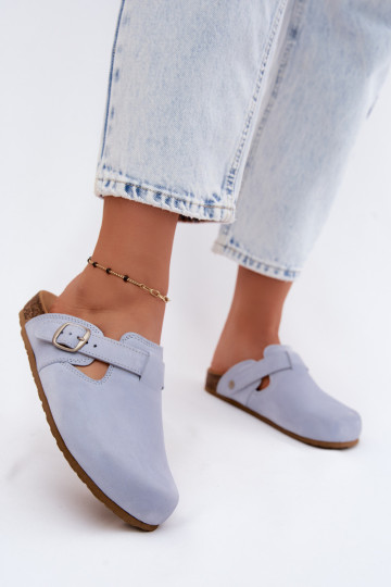 Chaussons en cuir Mule avec boucles de couleur bleu clair par Zazoo 2