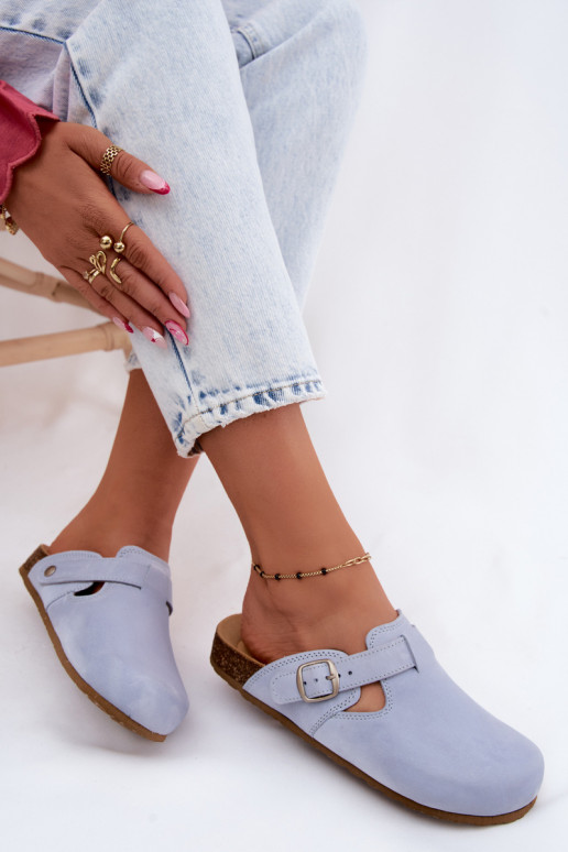Chaussons en cuir Mule avec boucles de couleur bleu clair par Zazoo