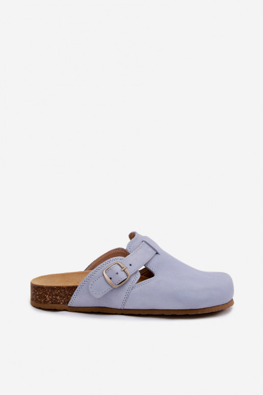 Chaussons en cuir Mule avec boucles de couleur bleu clair par Zazoo