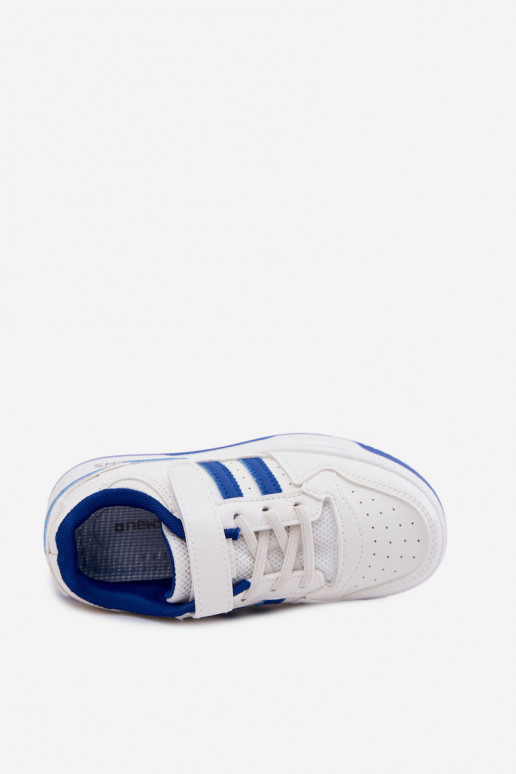 Chaussures modèle baskets Puéril avec attaches adhésives Blanc-couleur bleue Neressa