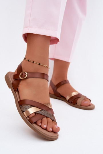 Sandales plates pour femmes avec brillance et lanières couleur marron Haden 2