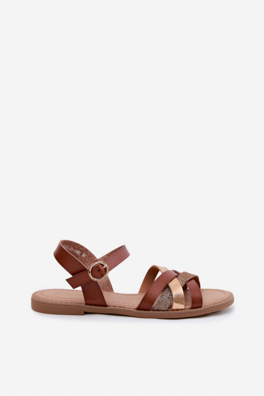 Sandales plates pour femmes avec brillance et lanières couleur marron Haden