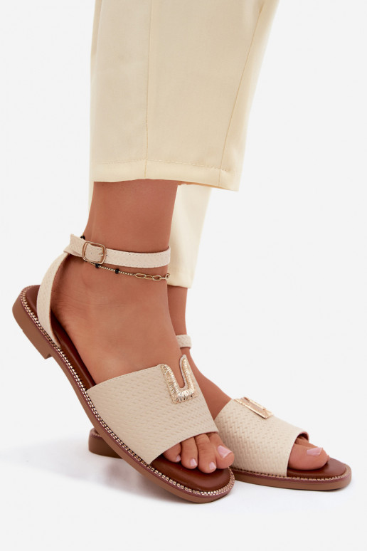 Sandales plates pour femmes avec détails dorés couleur sable Vinceza 73505