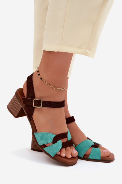 Peau Sandales femme en daim avec des talons Il fautciejka E7400-36 turquoise-marron