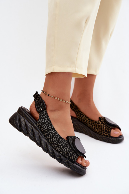 Sandales à plateforme en cuir avec ornements Artiker 58C0296 noires et dorées