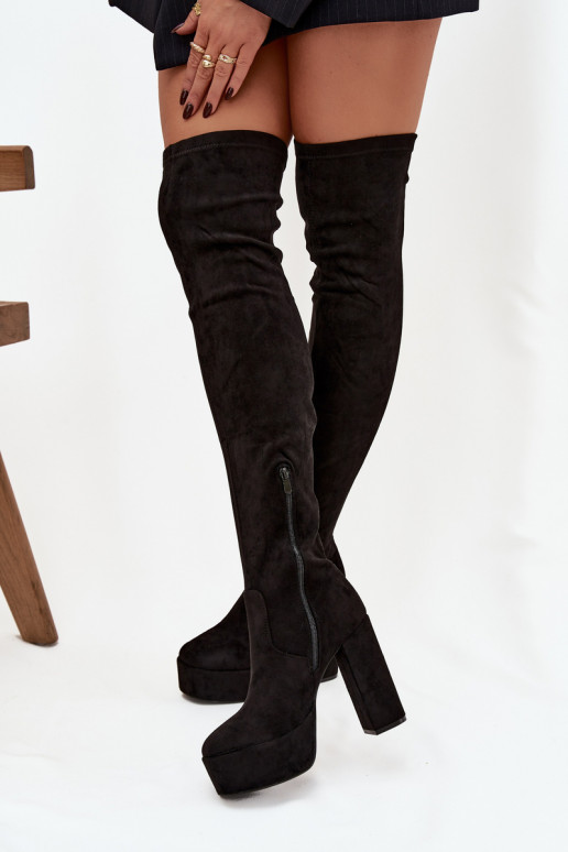 bottes avec des talons et plateforme au-dessus du genou en daim écologiqueoÀe couleur noire Amareen