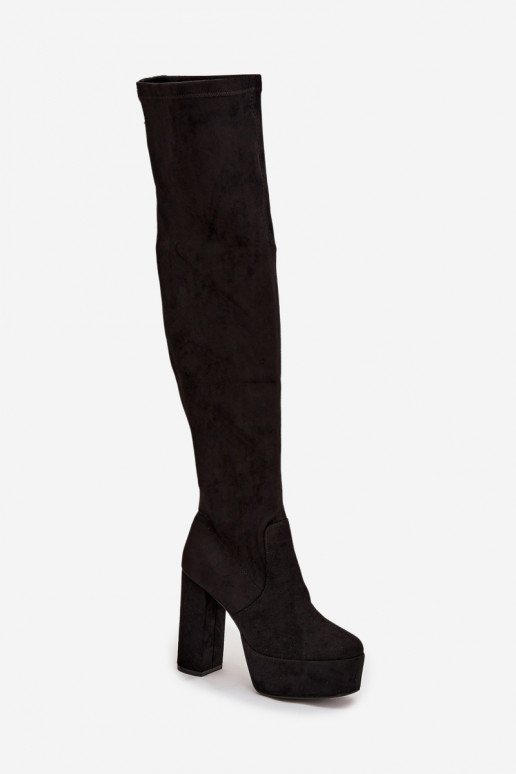 bottes avec des talons et plateforme au-dessus du genou en daim écologiqueoÀe couleur noire Amareen