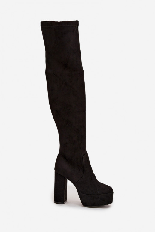 bottes avec des talons et plateforme au-dessus du genou en daim écologiqueoÀe couleur noire Amareen