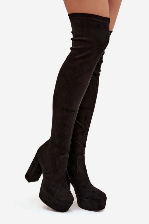 bottes avec des talons et plateforme au-dessus du genou en daim écologiqueoÀe couleur noire Amareen