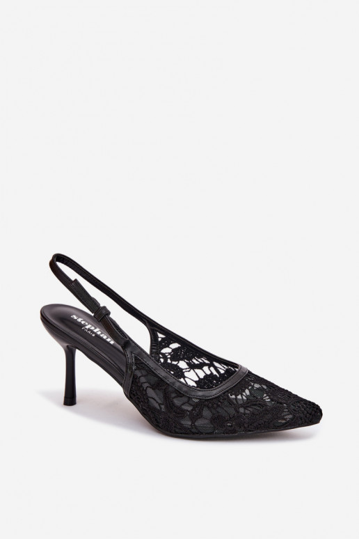 Sandales pour femmes avec des talons fins avec de la dentelle couleur noire Pelivelle